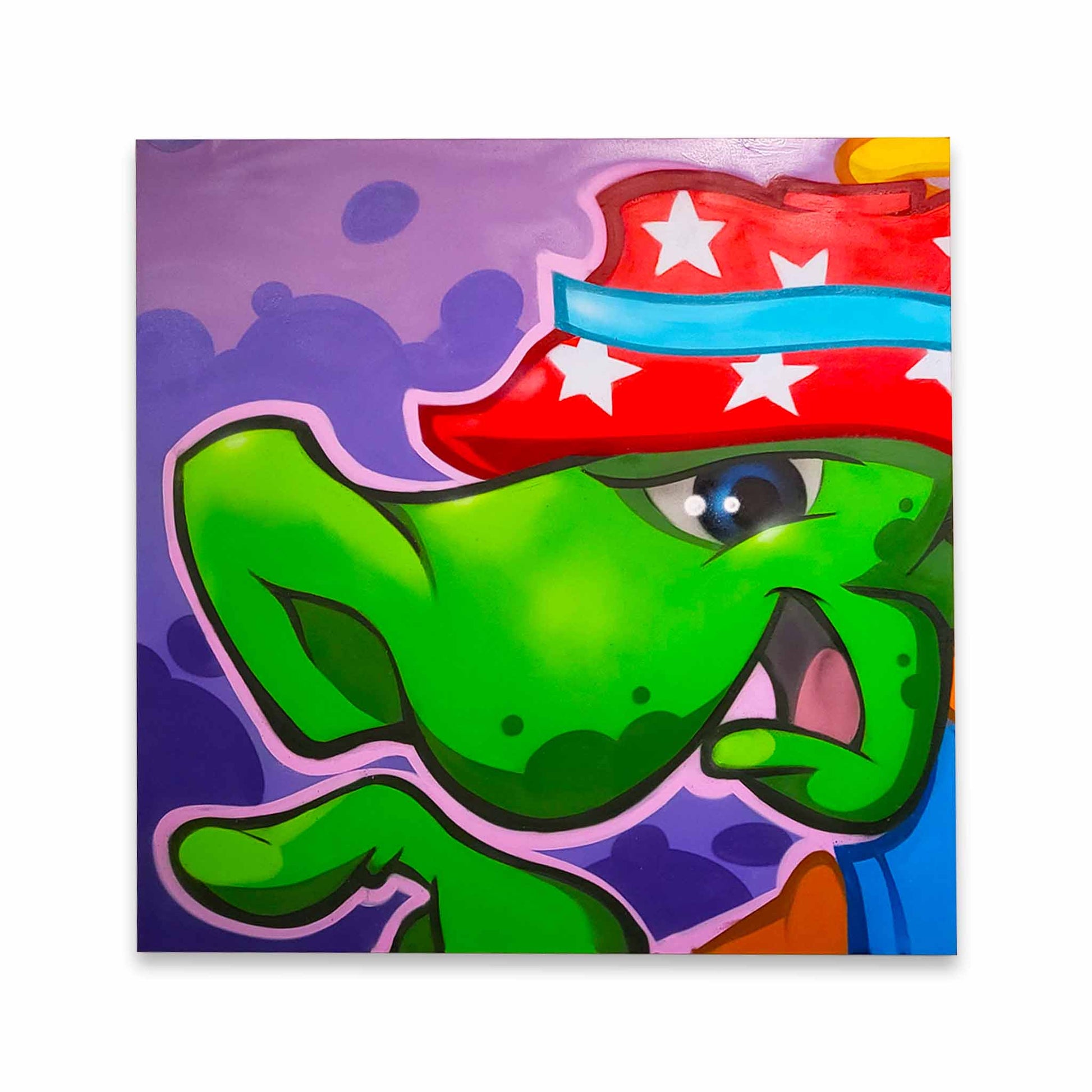 Painting of a green creature wearing a bucket hat on a purple background.