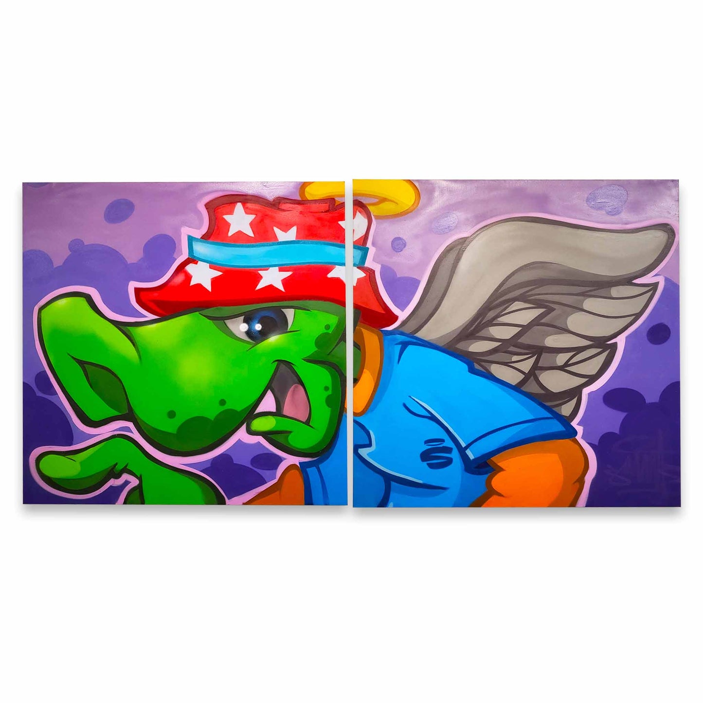 Two-panel painting of a green creature with a red hat and wings on a purple background.