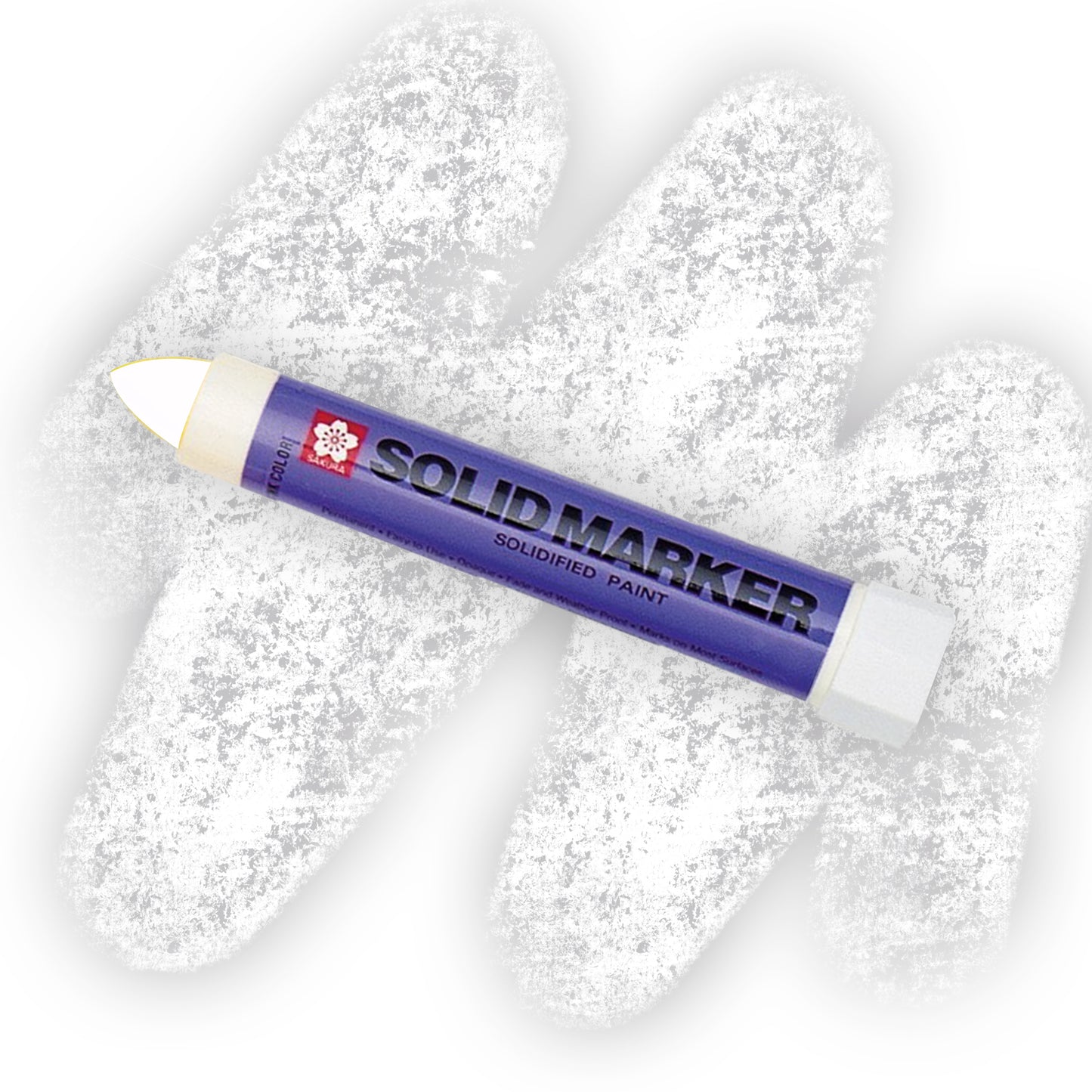 A white marker with a purple label that reads "SOLID MARKER" and a white crayon swatch.