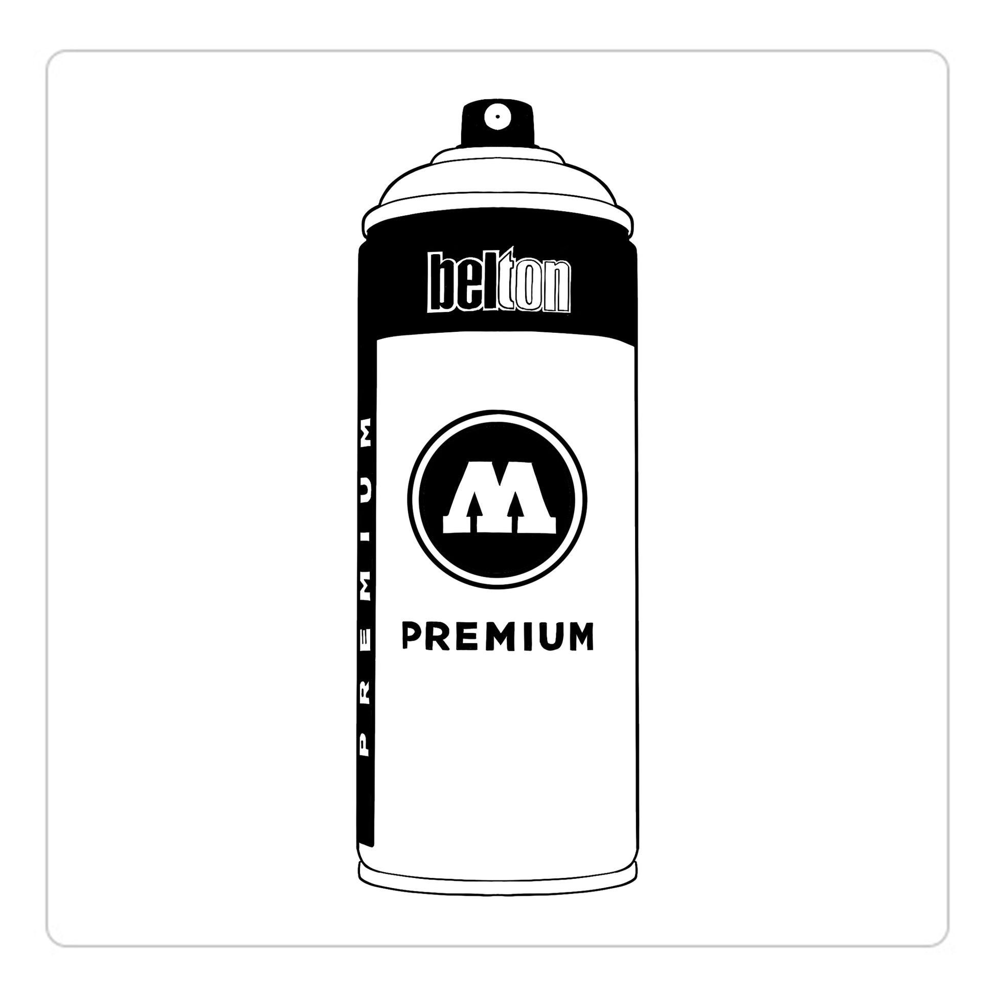 A black outline drawing of a white spray paint can with the words "belton","premium" and the letter"M" written on the face in black and white font. The background is a color swatch of the same white with a white border.