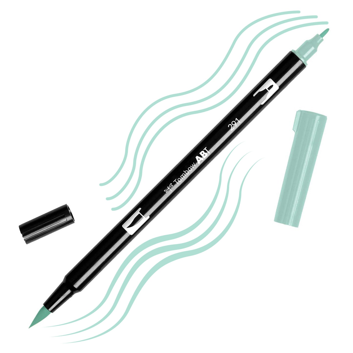 Alice Blue Tombow double-headed brush-pen with a flexible nylon fiber brush tip and a fine tip against a white background with Alice Blue strokes