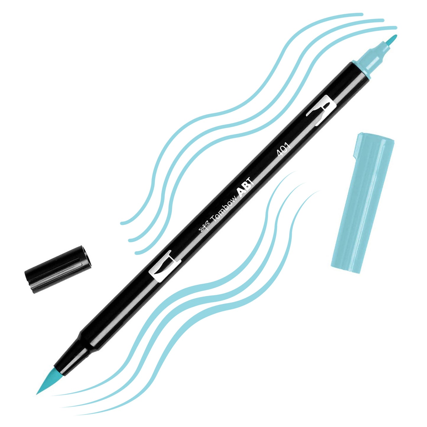 Aqua Tombow double-headed brush-pen with a flexible nylon fiber brush tip and a fine tip against a white background with Aqua strokes
