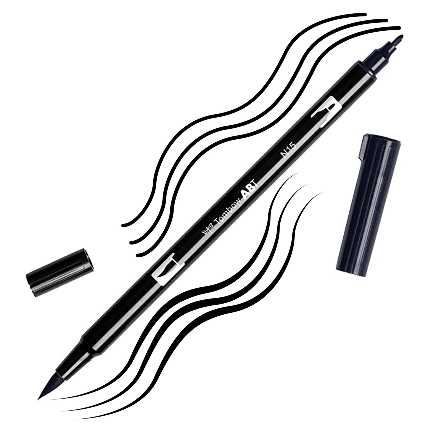 Black Tombow double-headed brush-pen with a flexible nylon fiber brush tip and a fine tip against a white background with black strokes
