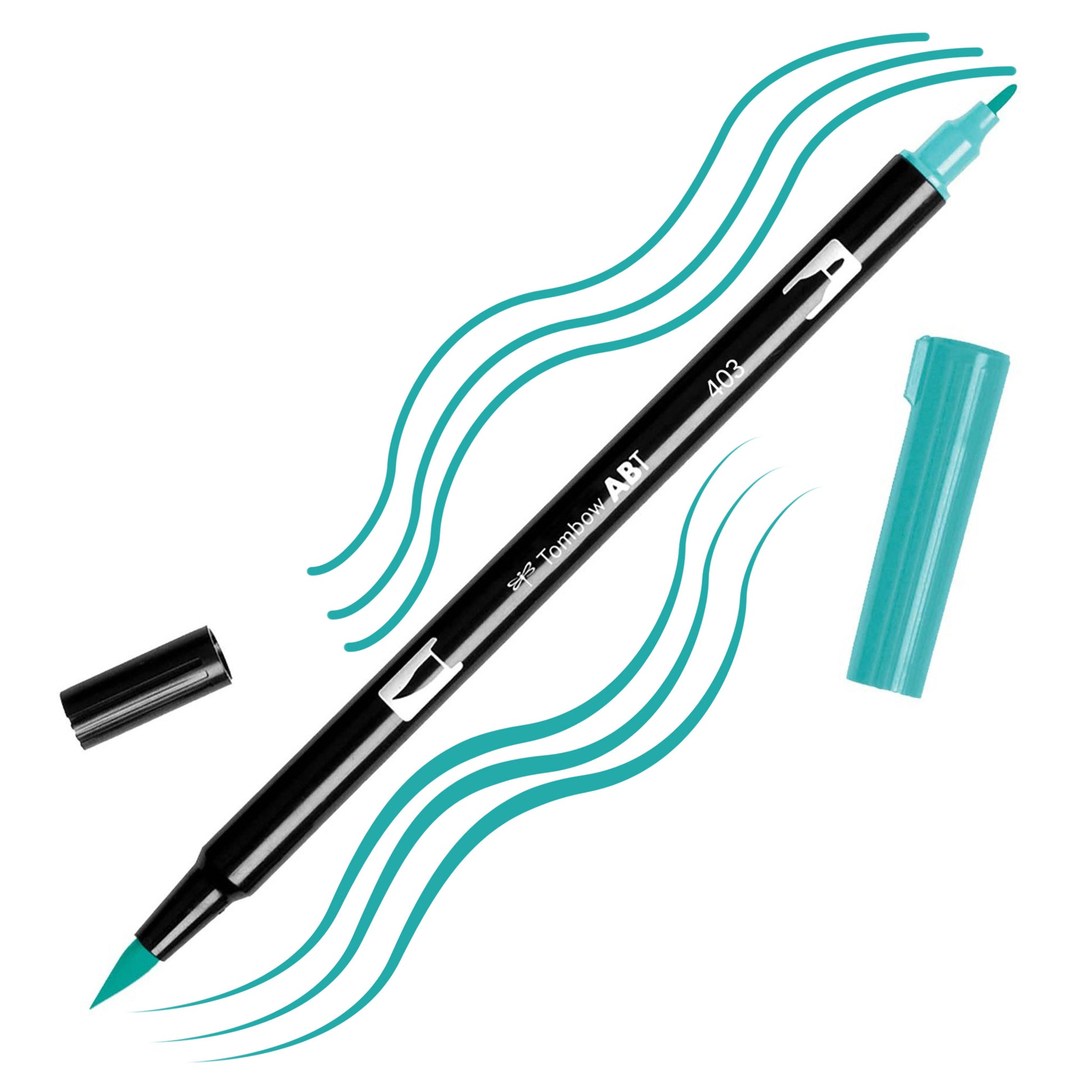 Bright Blue Tombow double-headed brush-pen with a flexible nylon fiber brush tip and a fine tip against a white background with Bright Blue strokes