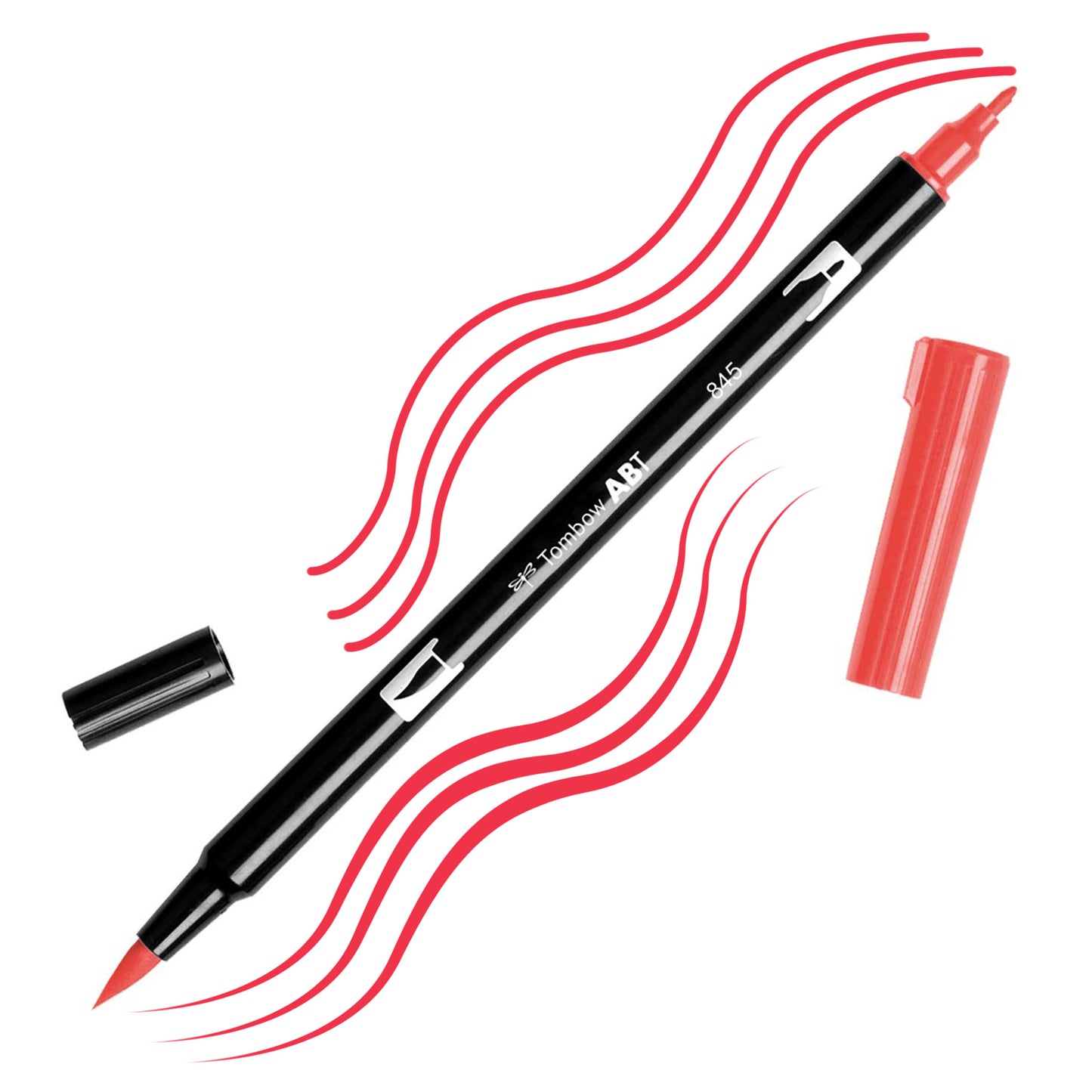Carmine Tombow double-headed brush-pen with a flexible nylon fiber brush tip and a fine tip against a white background with Carmine strokes