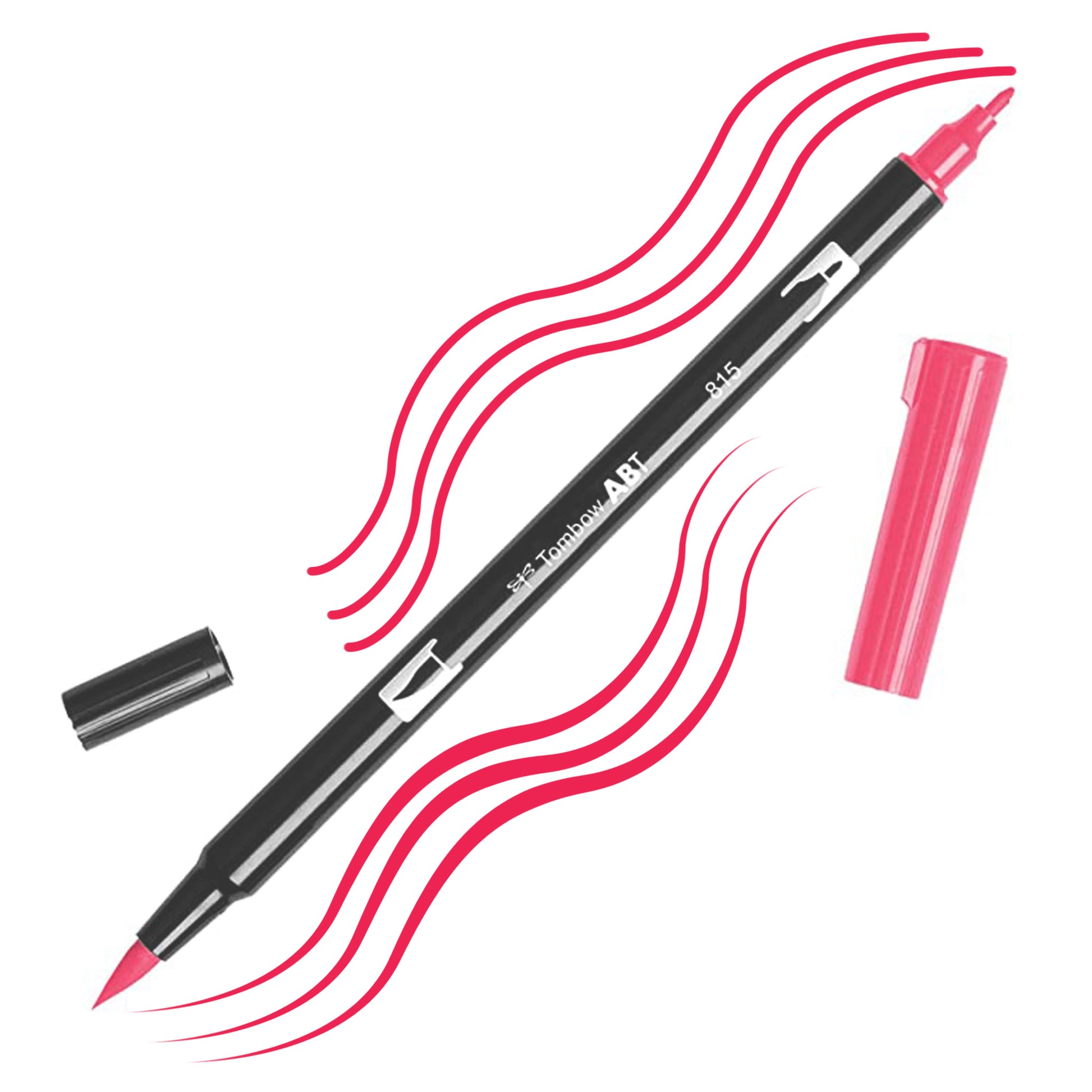 Cherry Tombow double-headed brush-pen with a flexible nylon fiber brush tip and a fine tip against a white background with Cherry strokes