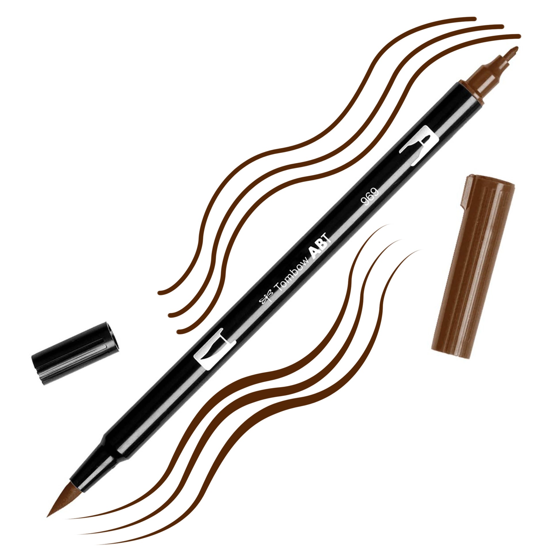 Chocolate Tombow double-headed brush-pen with a flexible nylon fiber brush tip and a fine tip against a white background with Chocolate strokes