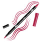 Crimson Tombow double-headed brush-pen with a flexible nylon fiber brush tip and a fine tip against a white background with Crimson strokes