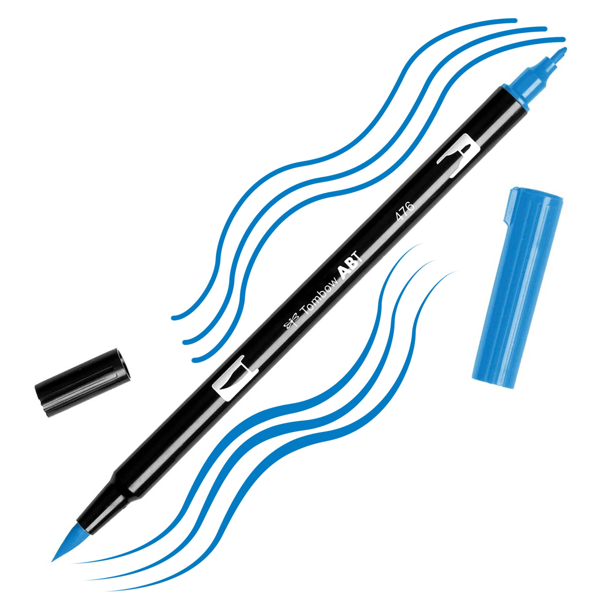 Cyan Tombow double-headed brush-pen with a flexible nylon fiber brush tip and a fine tip against a white background with Cyan strokes