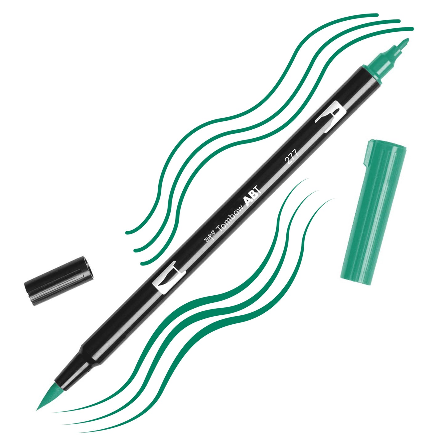 Dark Green Tombow double-headed brush-pen with a flexible nylon fiber brush tip and a fine tip against a white background with Dark Green strokes