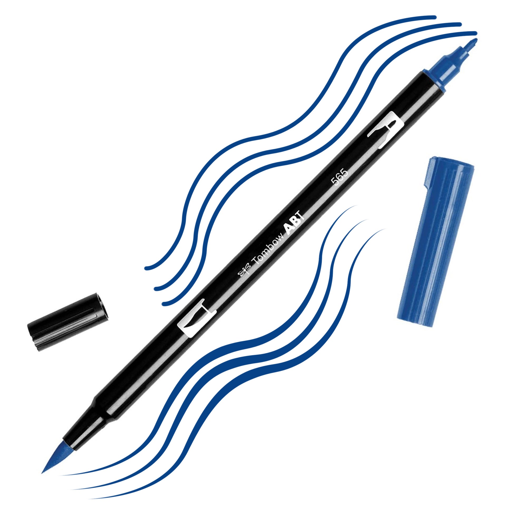 Deep Blue Tombow double-headed brush-pen with a flexible nylon fiber brush tip and a fine tip against a white background with Deep Blue strokes