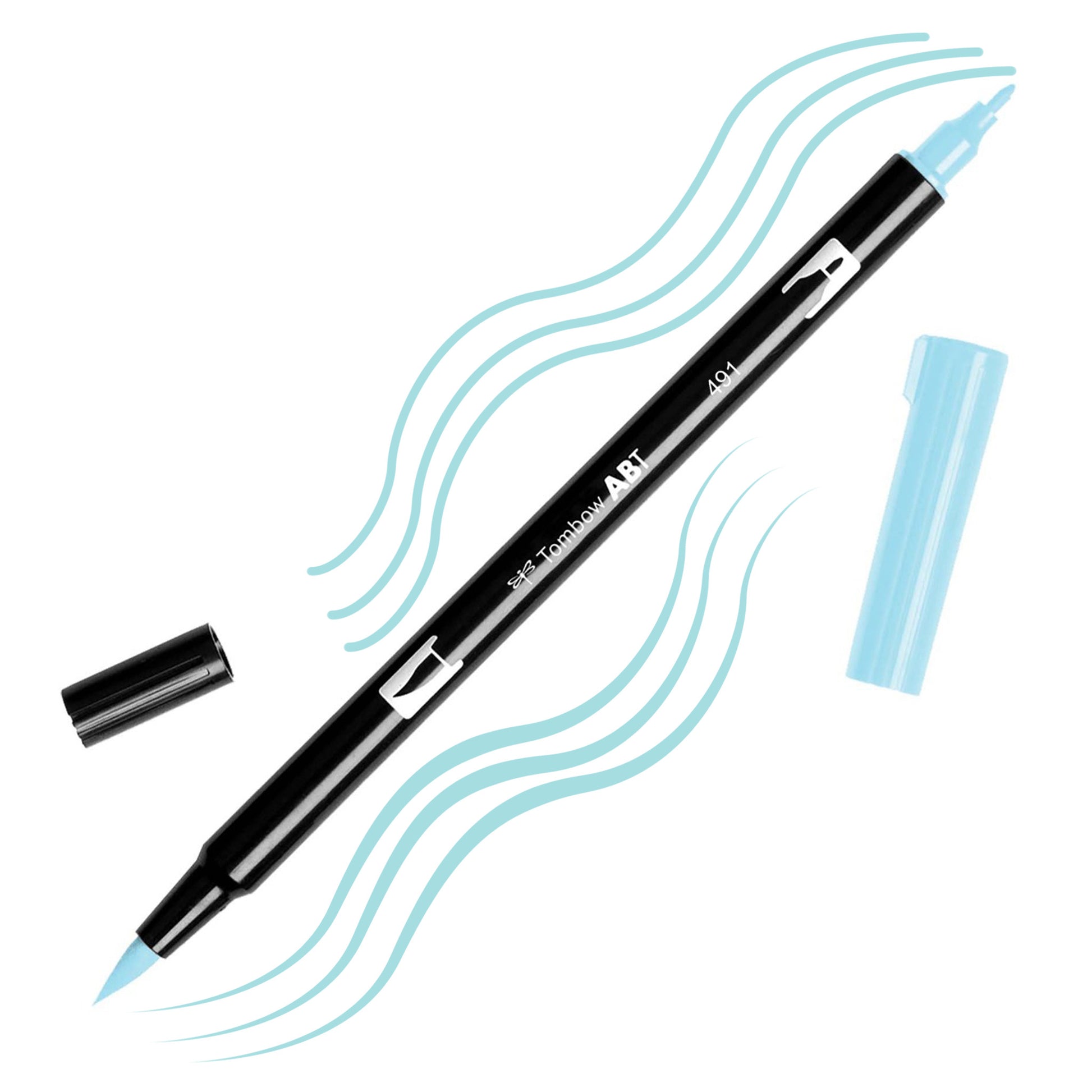 Glacier Blue Tombow double-headed brush-pen with a flexible nylon fiber brush tip and a fine tip against a white background with Glacier Blue strokes