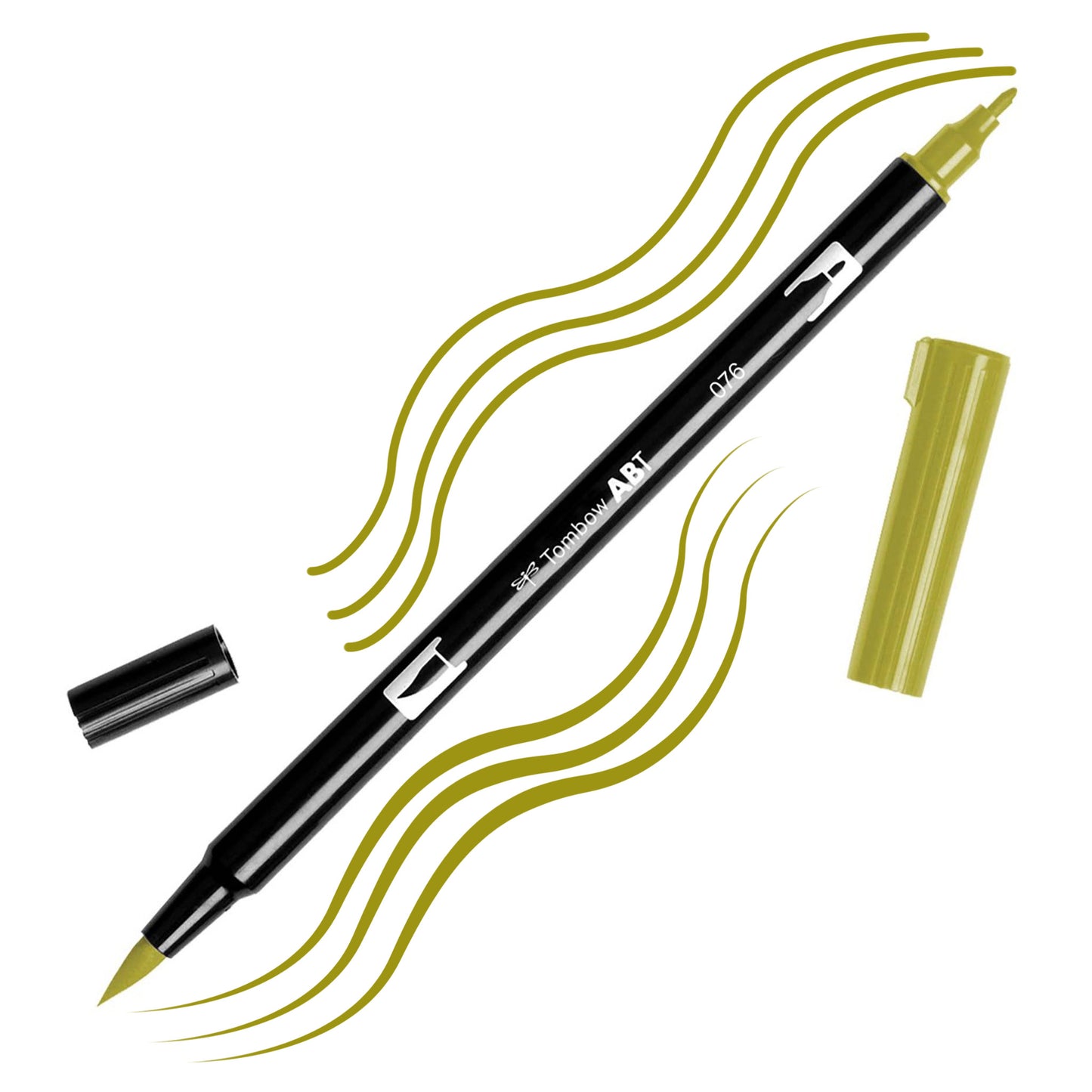 Green Ochre Tombow double-headed brush-pen with a flexible nylon fiber brush tip and a fine tip against a white background with Green Ochre strokes