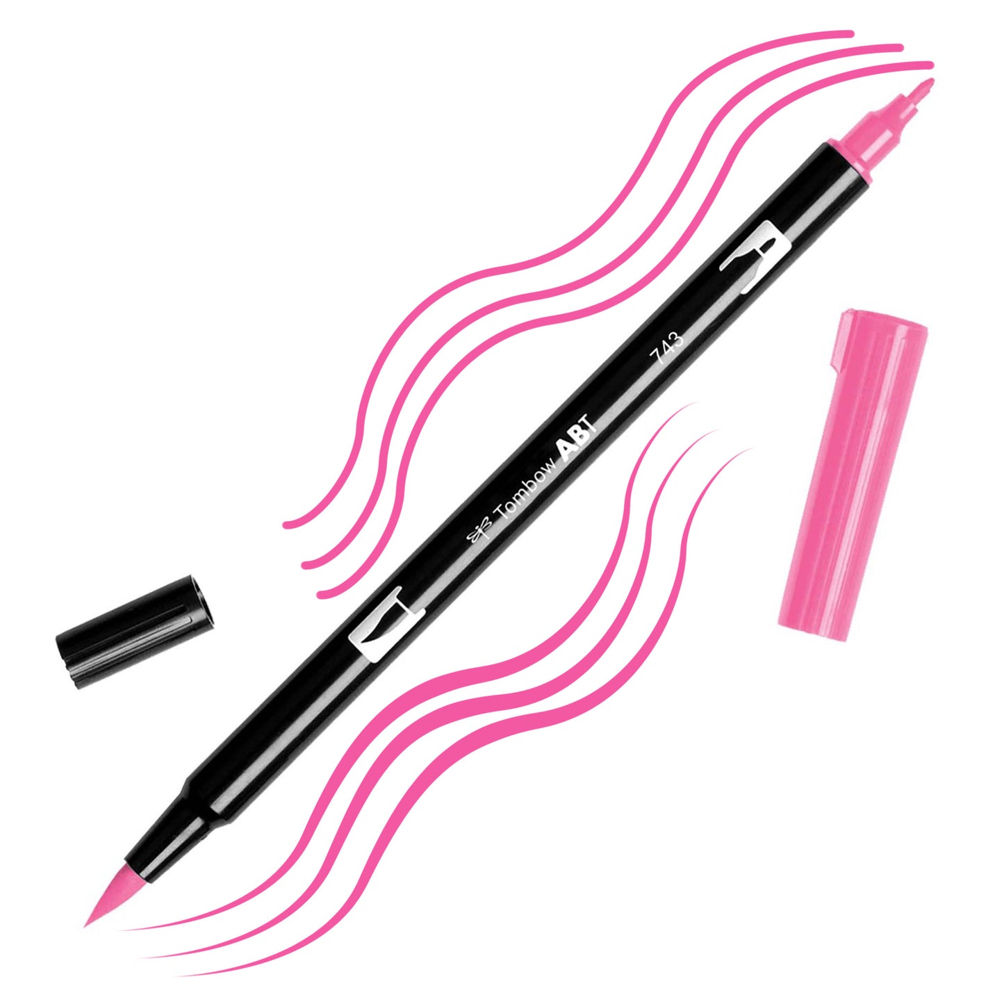 Hot Pink Tombow double-headed brush-pen with a flexible nylon fiber brush tip and a fine tip against a white background with Hot Pink strokes