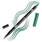 Hunter Green Tombow double-headed brush-pen with a flexible nylon fiber brush tip and a fine tip against a white background with Hunter Green strokes