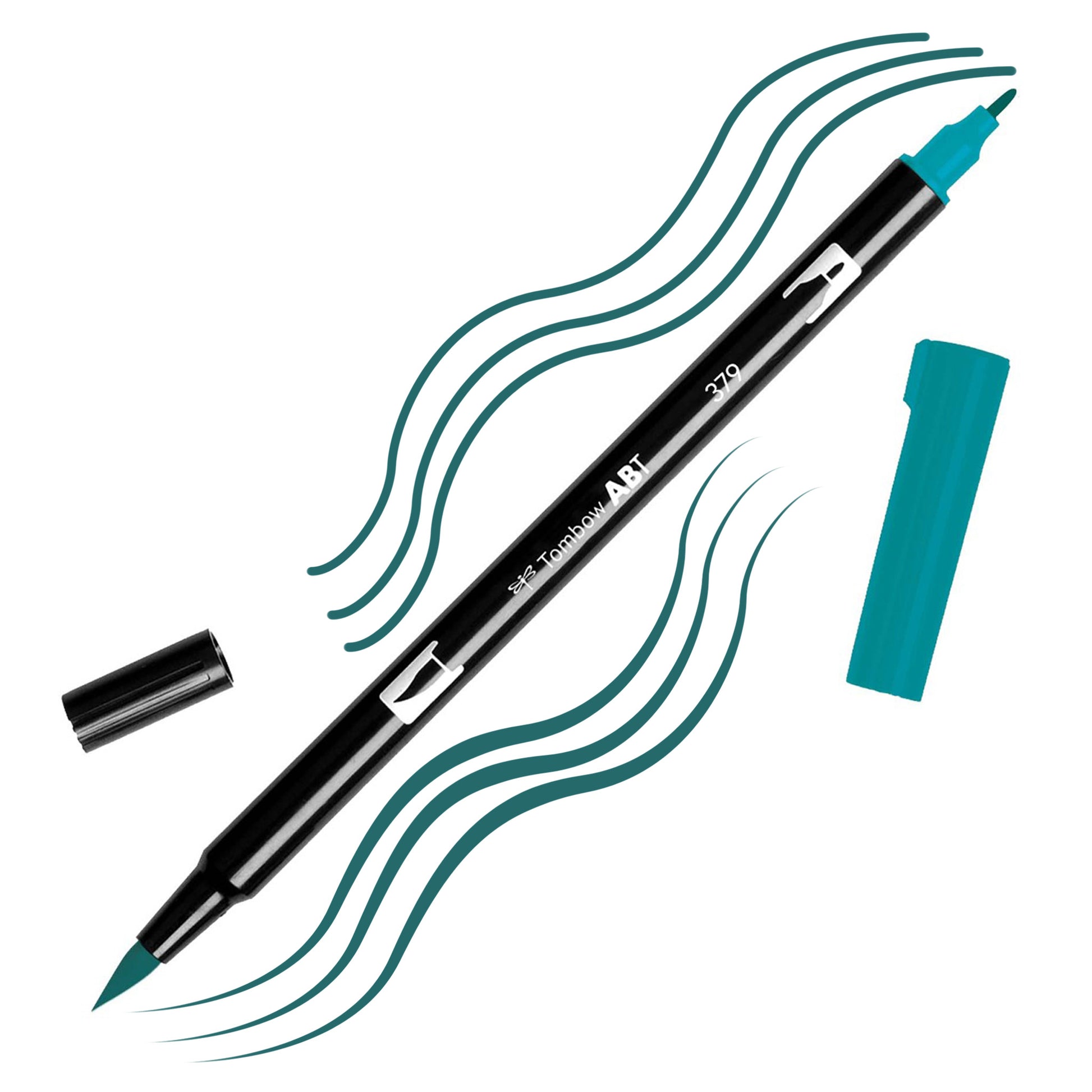 Jade Green Tombow double-headed brush-pen with a flexible nylon fiber brush tip and a fine tip against a white background with Jade Green strokes
