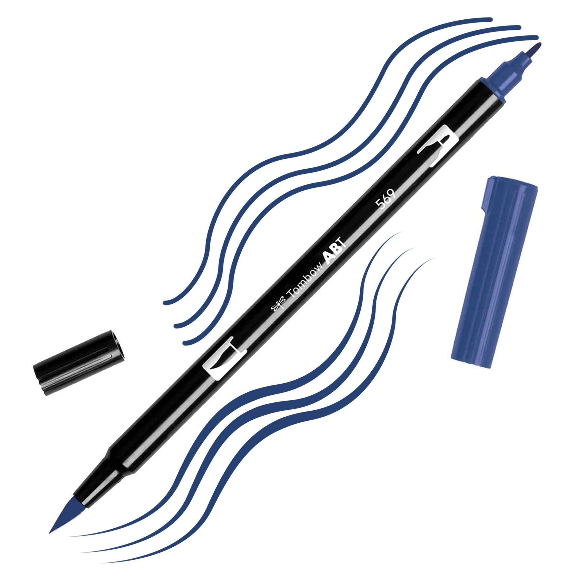 Jet Blue Tombow double-headed brush-pen with a flexible nylon fiber brush tip and a fine tip against a white background with Jet Blue strokes