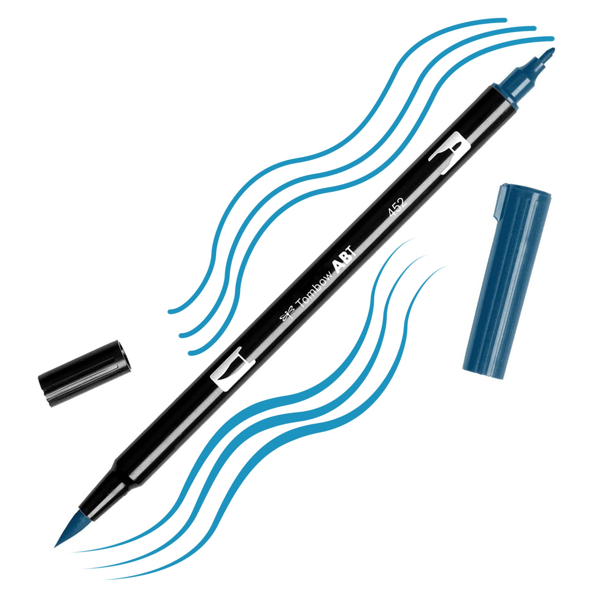 Process Blue Tombow double-headed brush-pen with a flexible nylon fiber brush tip and a fine tip against a white background with Process Blue strokes