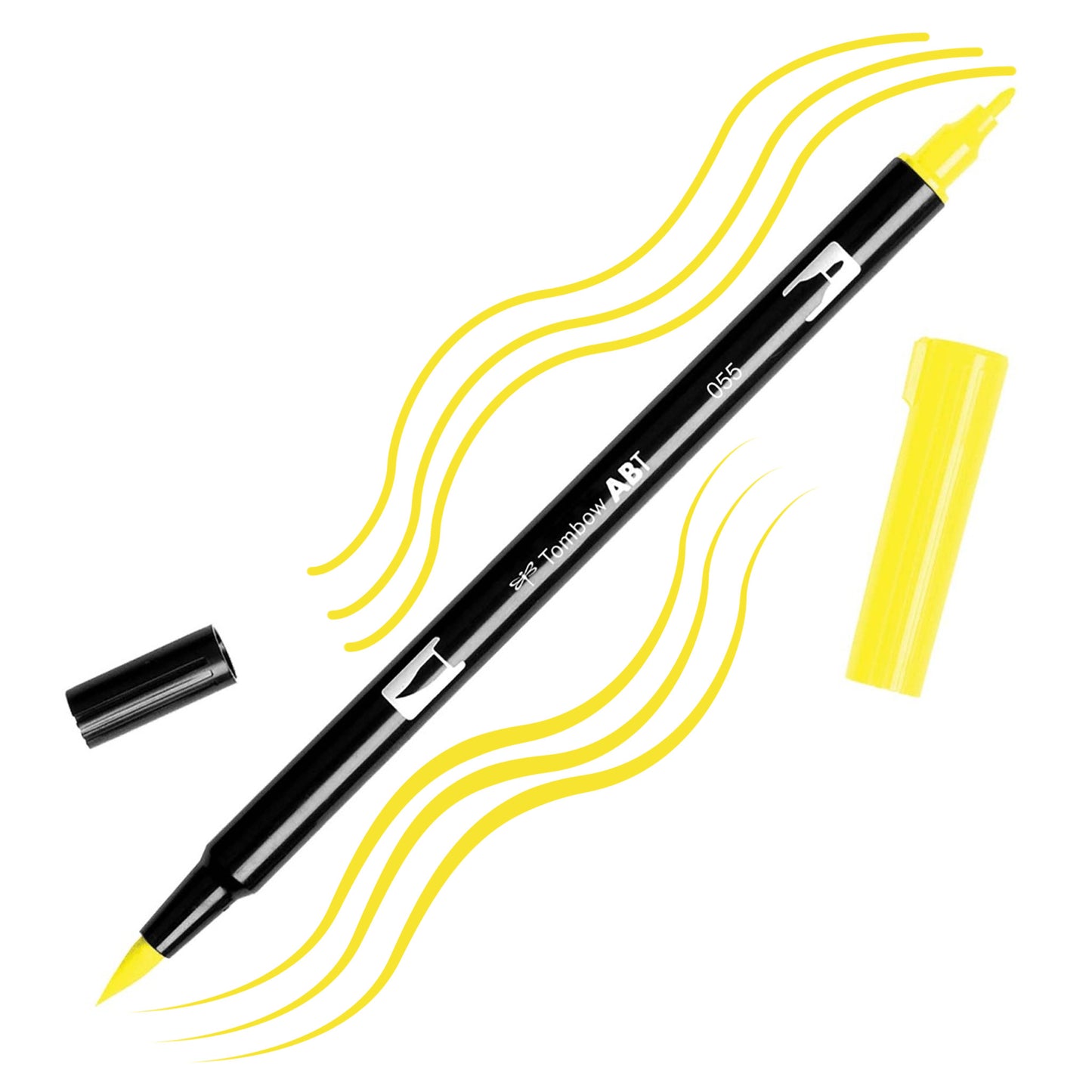 Process Yellow Tombow double-headed brush-pen with a flexible nylon fiber brush tip and a fine tip against a white background with Process Yellow strokes