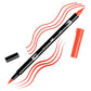 Red Tombow double-headed brush-pen with a flexible nylon fiber brush tip and a fine tip against a white background with Red strokes