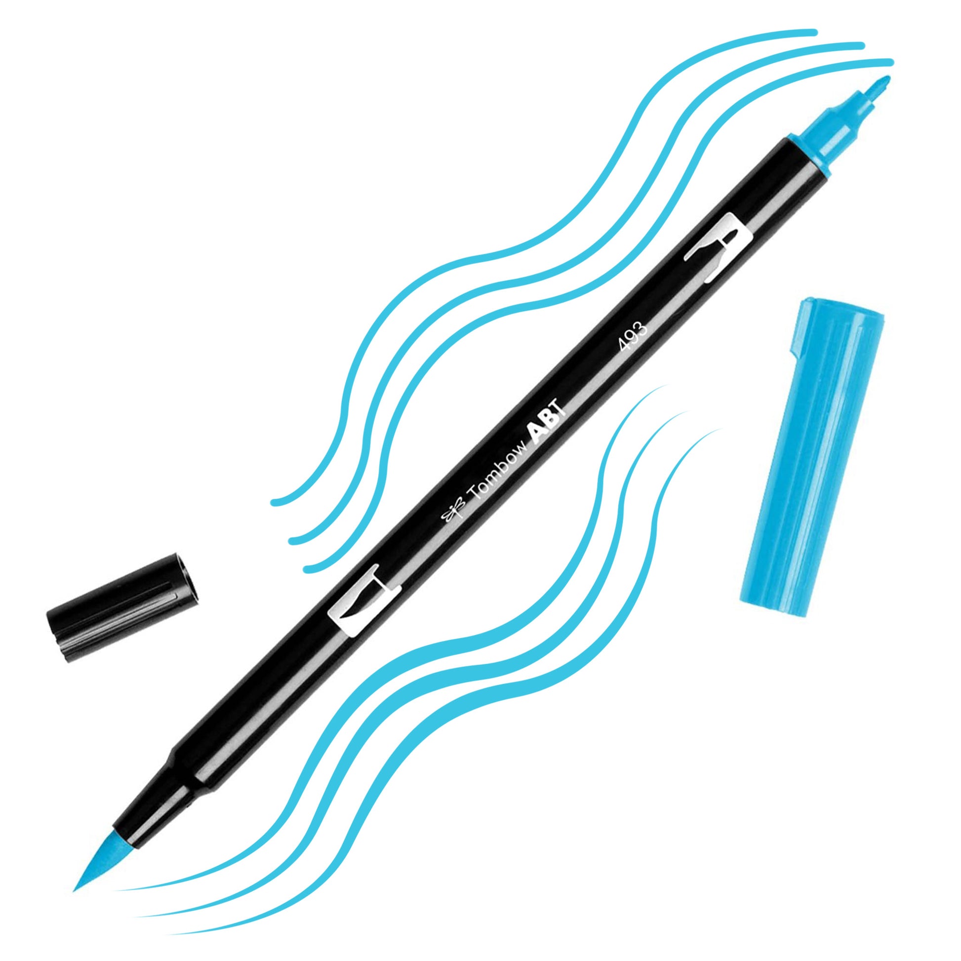 Reflex Blue Tombow double-headed brush-pen with a flexible nylon fiber brush tip and a fine tip against a white background with Reflex Blue strokes