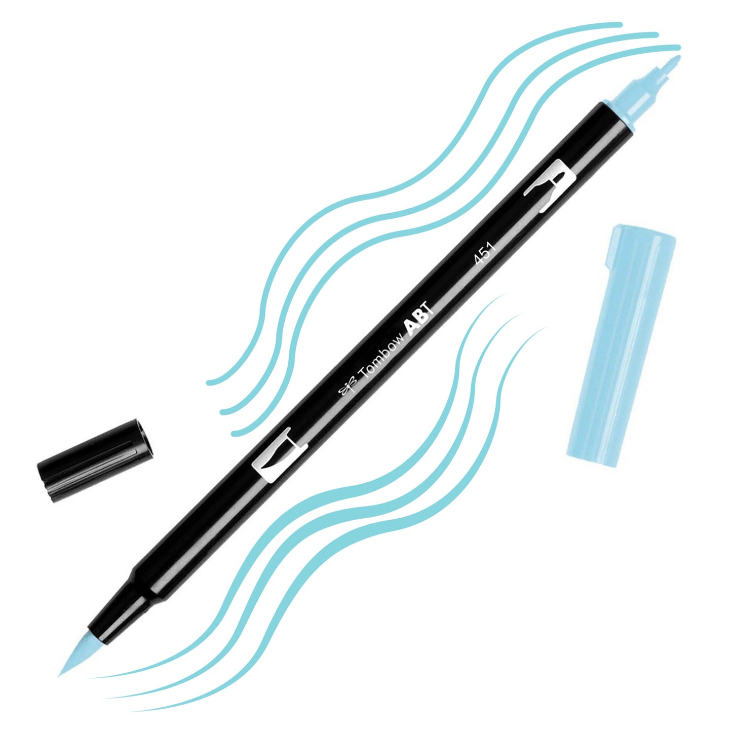 Sky Blue Tombow double-headed brush-pen with a flexible nylon fiber brush tip and a fine tip against a white background with sky blue strokes