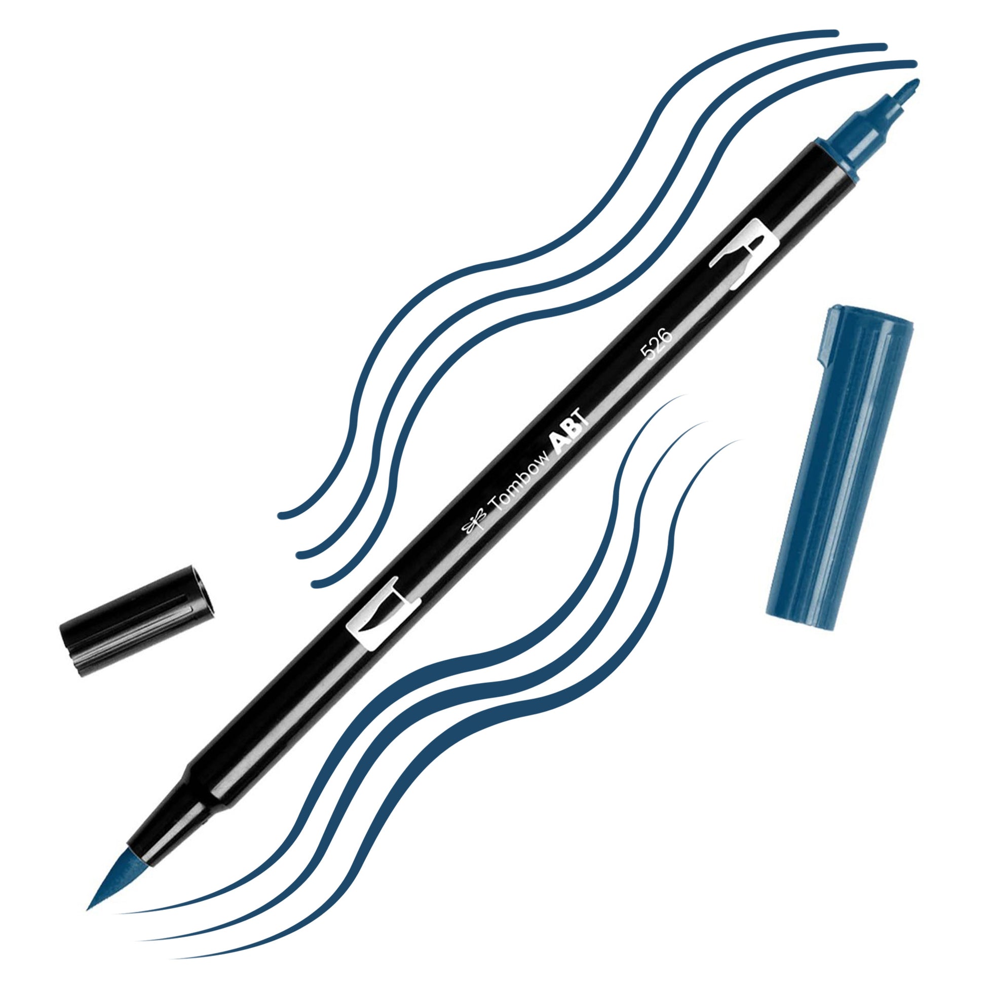 True Blue Tombow double-headed brush-pen with a flexible nylon fiber brush tip and a fine tip against a white background with True Blue strokes