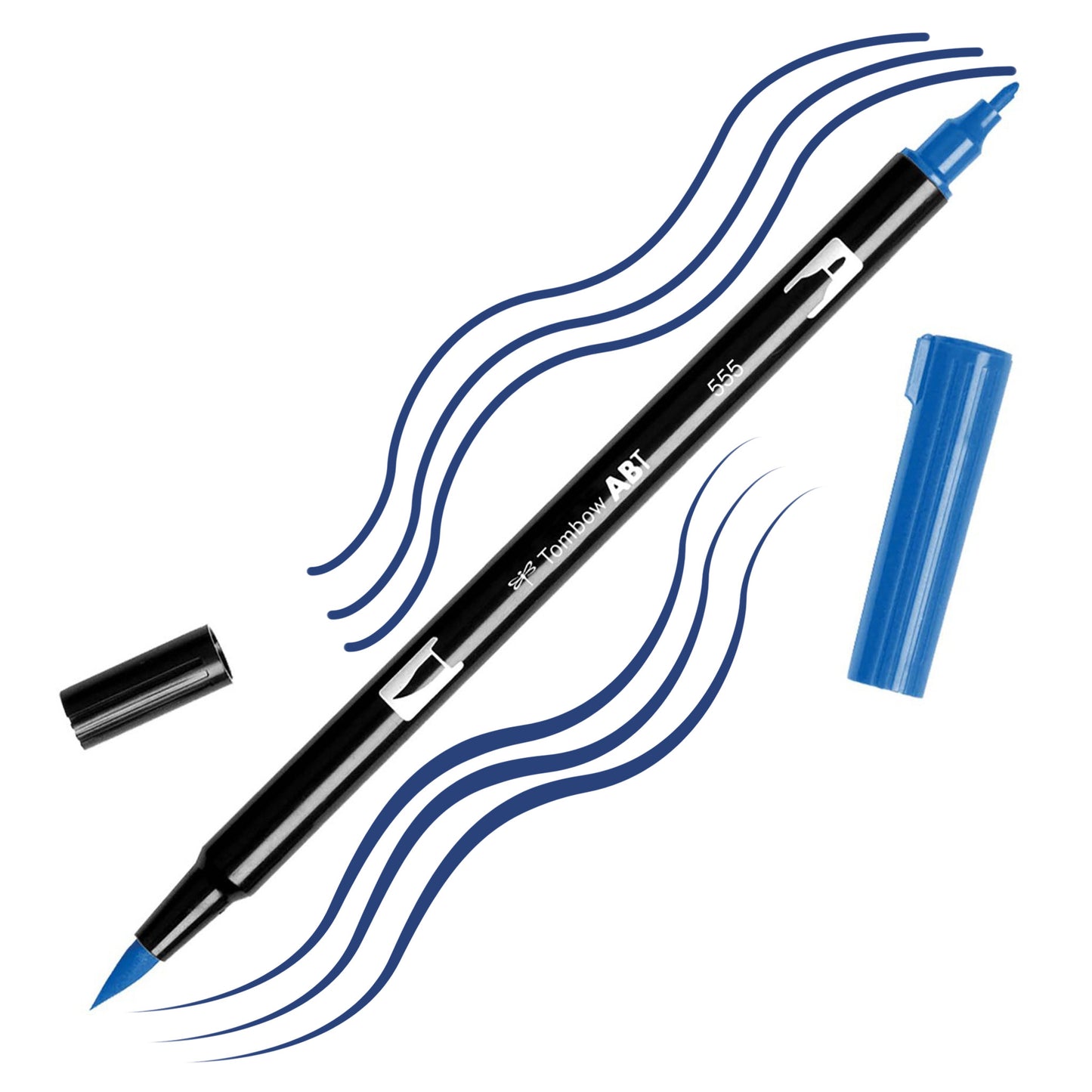 Ultramarine Tombow double-headed brush-pen with a flexible nylon fiber brush tip and a fine tip against a white background with Ultramarine strokes