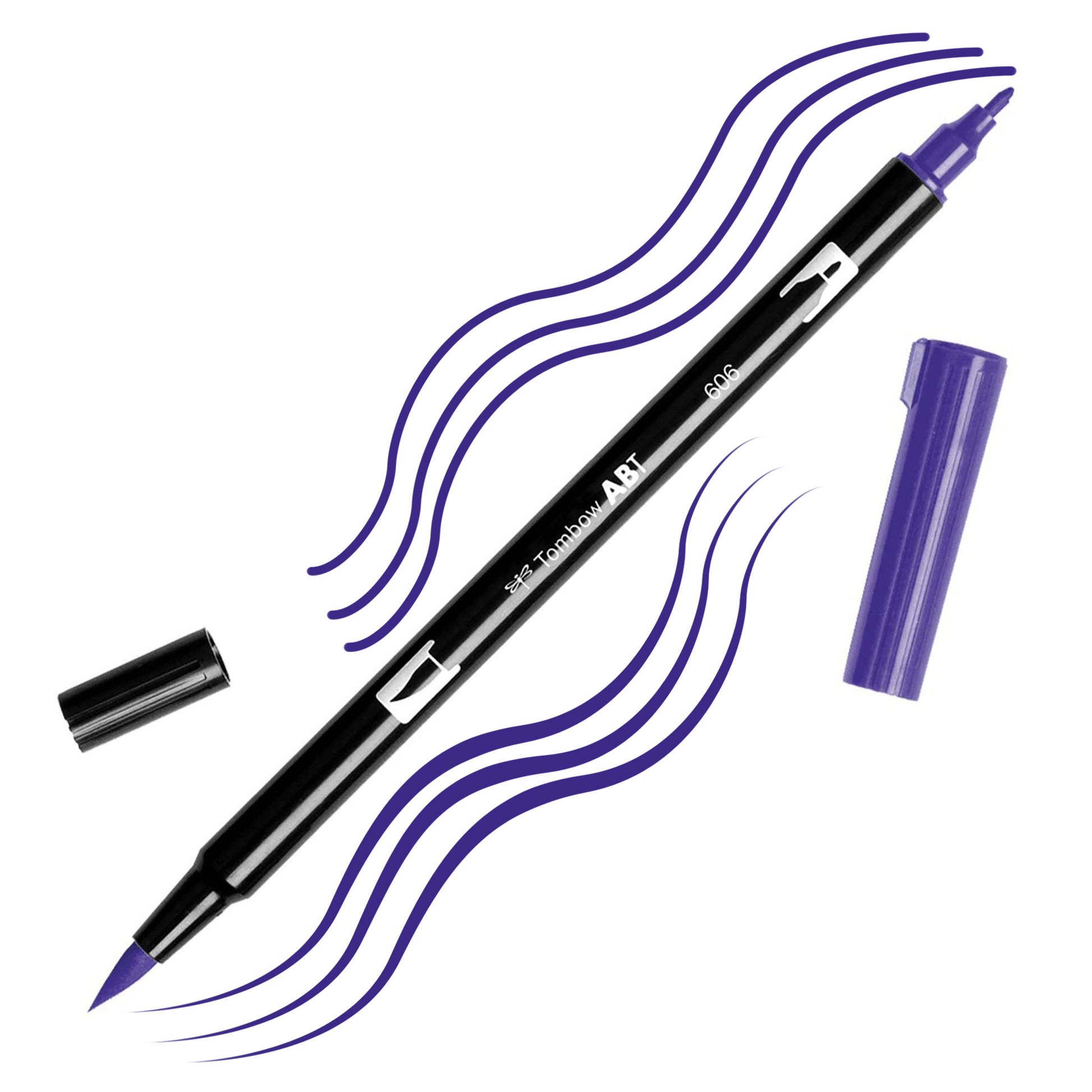 Violet Tombow double-headed brush-pen with a flexible nylon fiber brush tip and a fine tip against a white background with Violet strokes