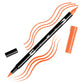 Warm Orange Tombow double-headed brush-pen with a flexible nylon fiber brush tip and a fine tip against a white background with Warm red strokes