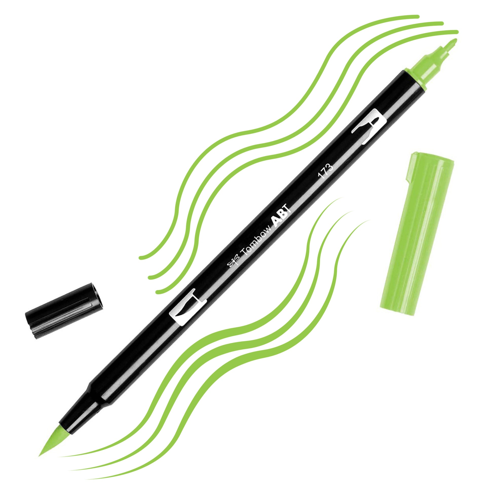 Willow Green Tombow double-headed brush-pen with a flexible nylon fiber brush tip and a fine tip against a white background with Willow Green strokes
