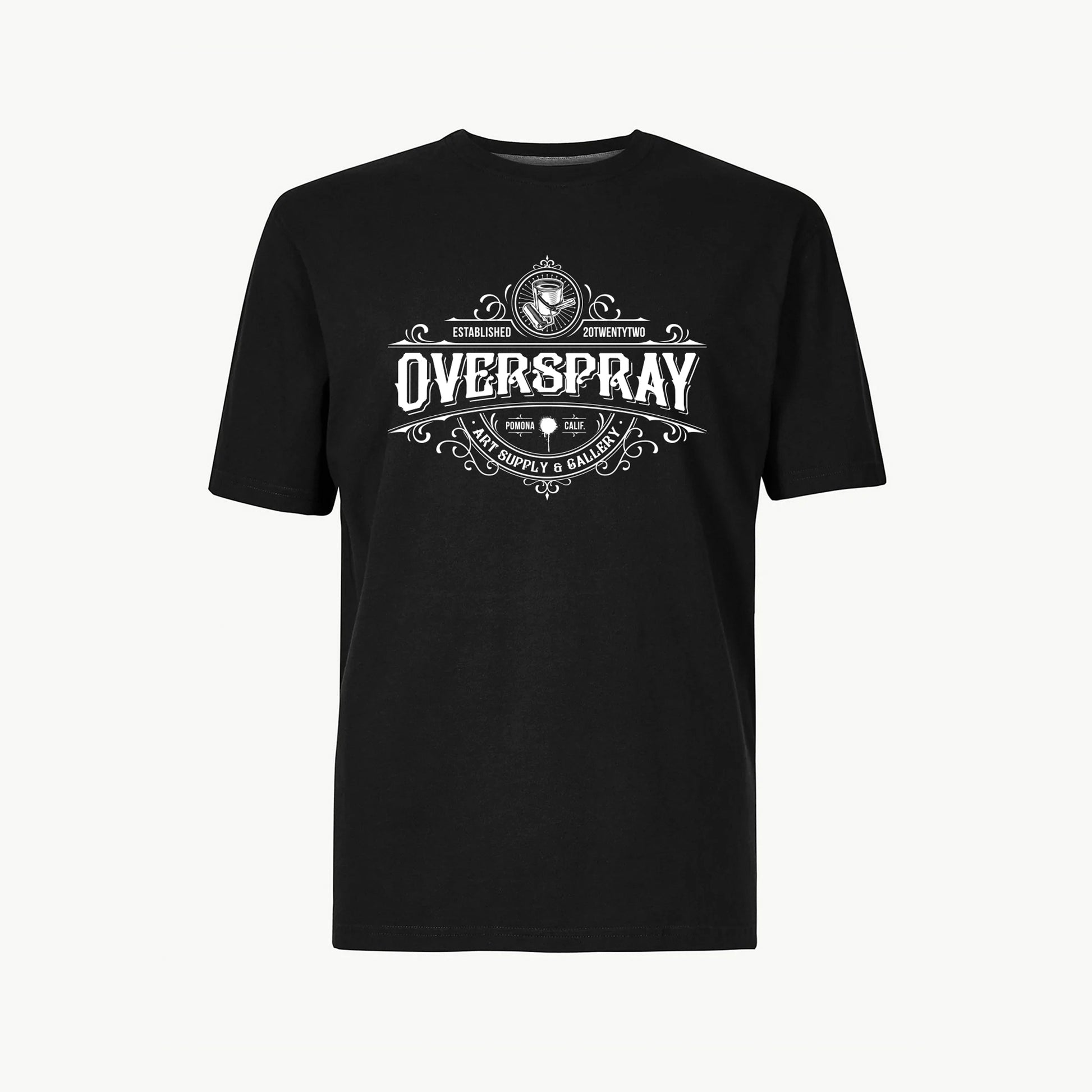 men's black t-shirt with a white overspray vintage logo chest print