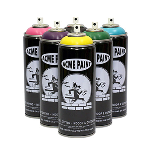 Group of 6 aerosol paint cans, with black labels showing the brand reading "ACME PAINT" in black with a surrounding white oval. Under the brand name there is a cartoon cat walking on a brick wall on it's hind legs, holding a spray paint can with the background of the moon and two black bats. 