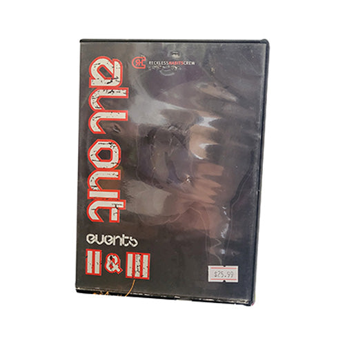Photo of a black dvd cover with red and white letters reading: "all out - events II & III