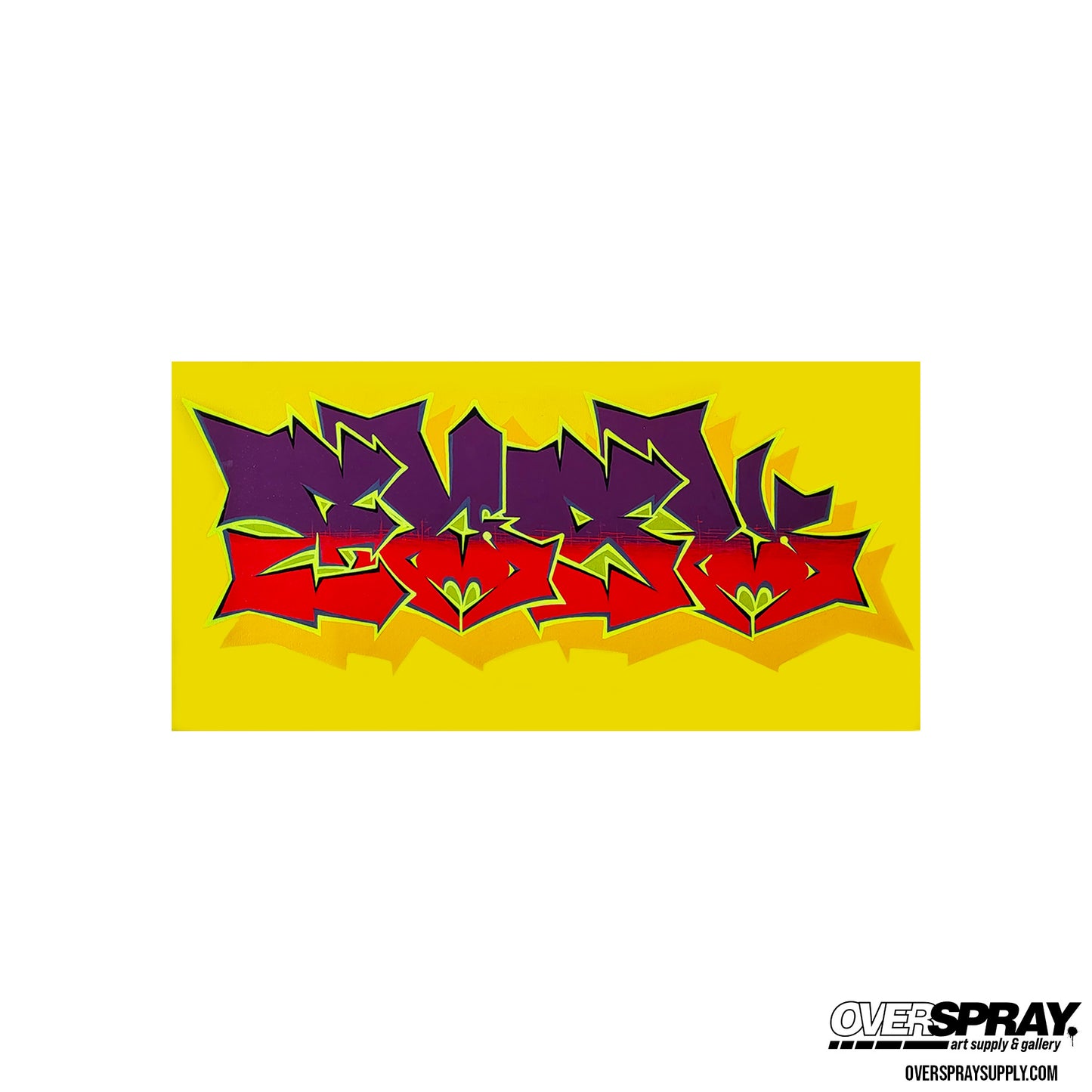 Yellow art with graffiti style letters reading "EASK" in angled, pointy font, colored purple on top, fading to a bright red at the bottom with a back shadow of a medium yellow