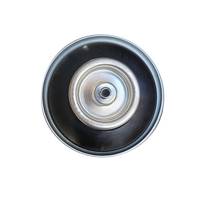 The top of a spray paint can, with a black color swatch in the middle of the silver, metal rings of the can.