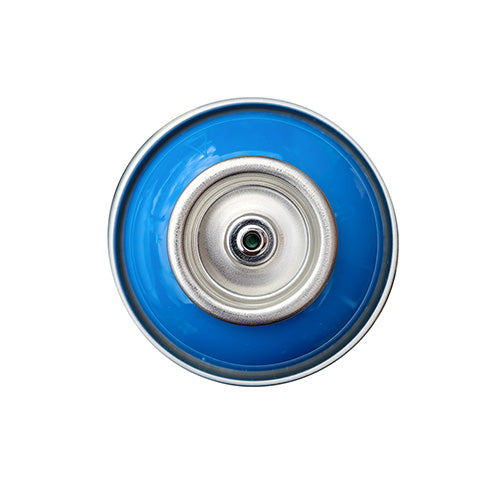 The top of a spray paint can, with a cyan blue color swatch in the middle of the silver, metal rings of the can.
