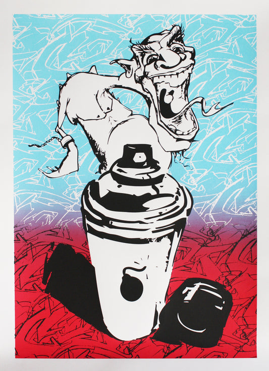 A limited edition silkscreen print featuring a stylized cartoon character with a spray paint can, predominantly in blue and black colors with red highlights.