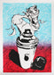 A limited edition silkscreen print featuring a stylized cartoon character with a spray paint can, predominantly in blue and black colors with red highlights.