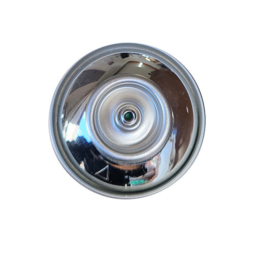 The top of a spray paint can, with a chrome color swatch in the middle of the silver, metal rings of the can.