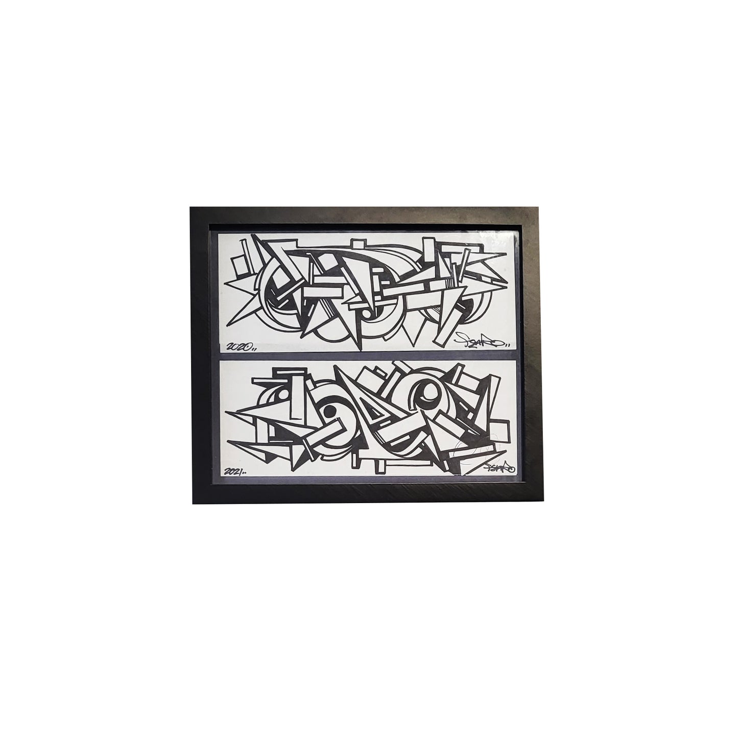Black framed art piece, separated in two rectangles, on on top and bottom. Both rectangles are filled with abstract angles in black ink on white paper.
