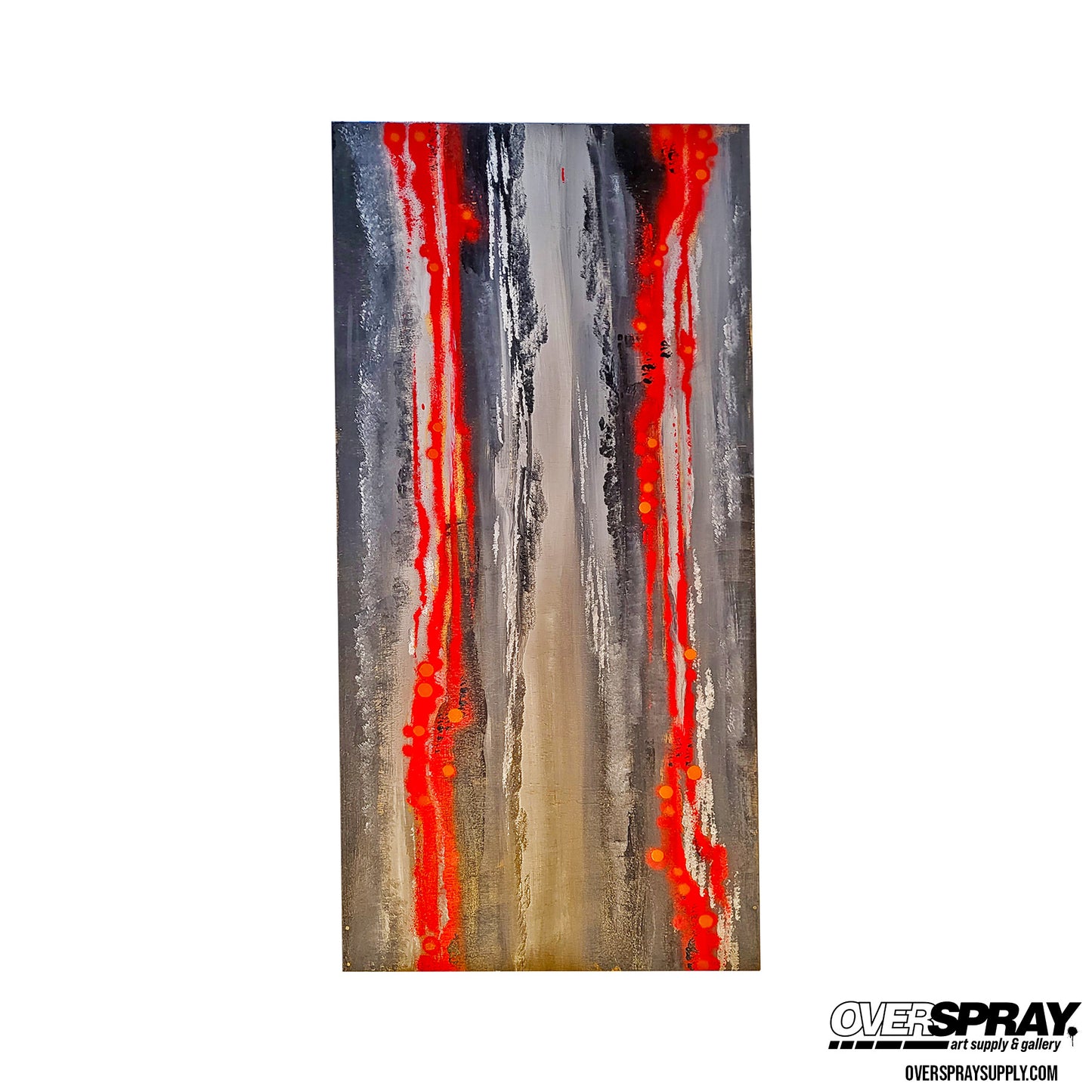 Long rectangle painting, bight red streaks run vertically along black and varied grey streaks