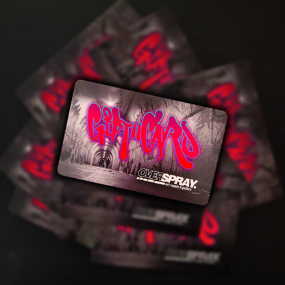 overspray gift card floating over a blurry background.