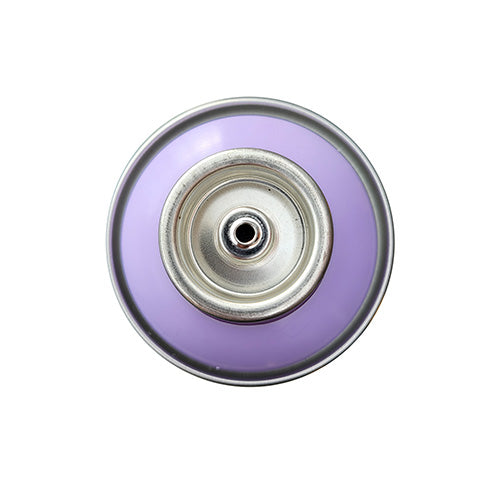 The top of a spray paint can, with a pastel purple color swatch in the middle of the silver, metal rings of the can.