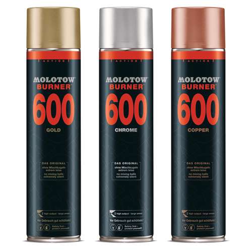 Three tall spray paint cans, with black labels and metallic colored caps. From left to right: gold, silver, copper. On the label written in red reads "600 - Molotow Burner"