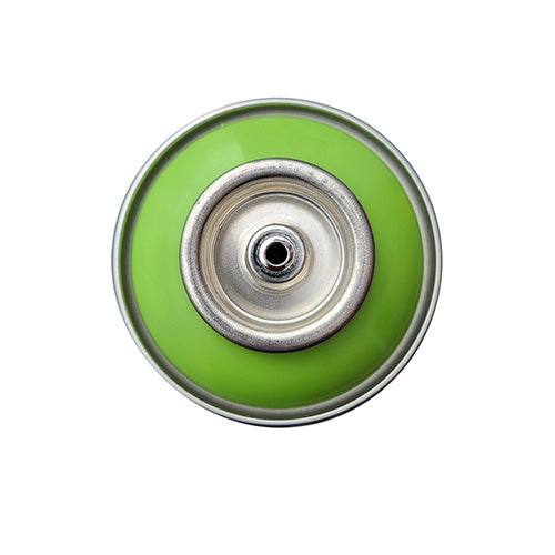The top of a spray paint can, with a bright yellow green color swatch in the middle of the silver, metal rings of the can.