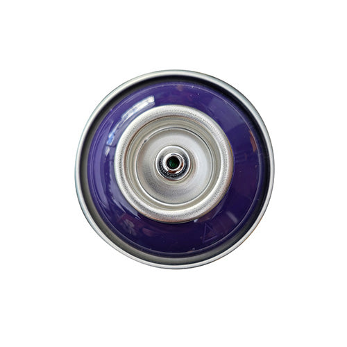 The top of a spray paint can, with a dark purple color swatch in the middle of the silver, metal rings of the can.
