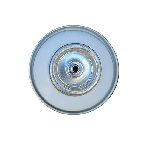 The top of a spray paint can, with a white color swatch in the middle of the silver, metal rings of the can.