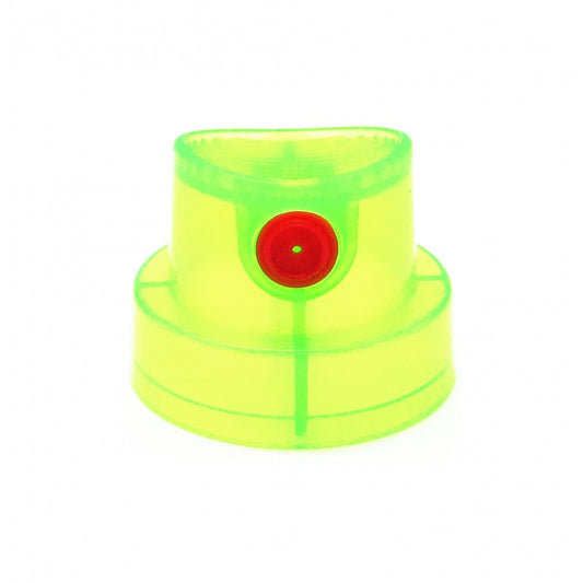 A bright, transparent, neon green spray paint cap facing forward and to the left. The center of the cap (around the output hole) has a solid bright, red circle.