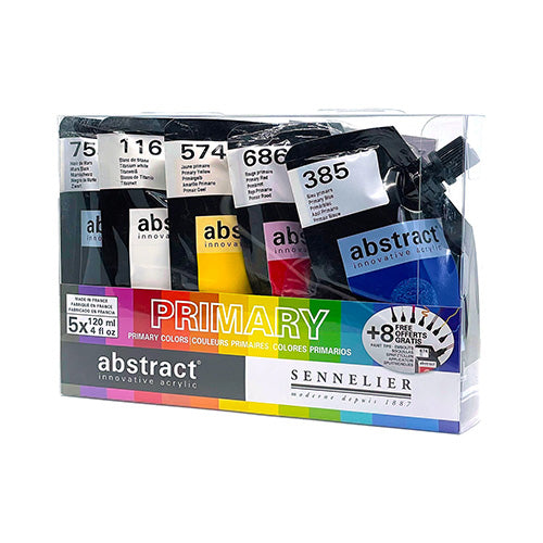 Transparent, plastic box containing 5 paint pouches, from left to right: black, white, yellow, red, and blue. At the bottom of the box there is a vertical rainbow with the words 'Primary' on top in white letters. At the bottom of the label there are two rectangles dividing the label from left to right, the left is black, reading: "abstract" in white letters & the left in white, in black font reads: "Sennelier"